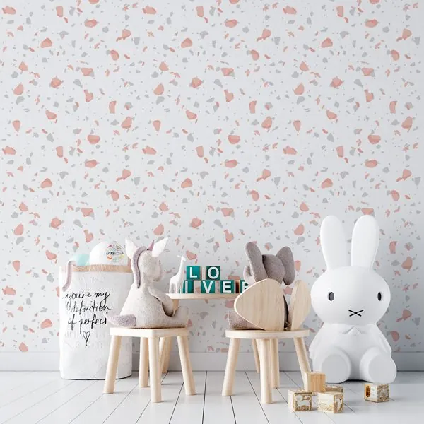 Terrazzo Clean Rose — ambiente com o papel de parede aplicado
