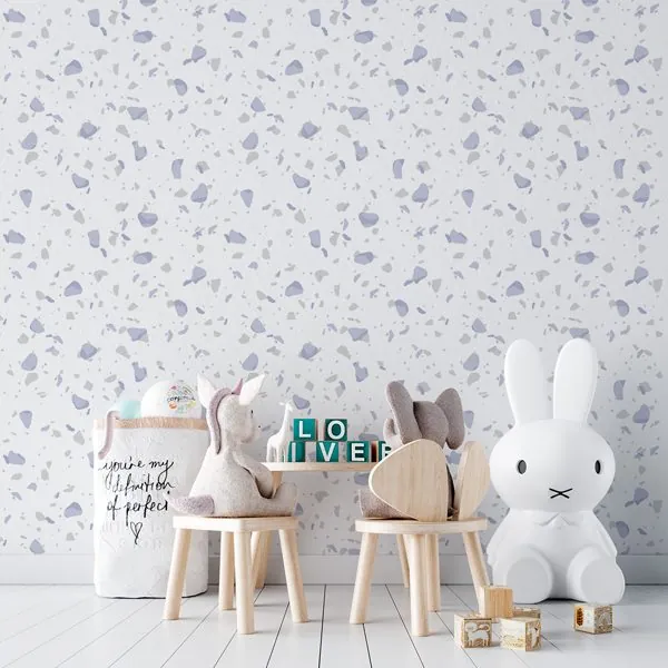 Terrazzo Clean Roxo — ambiente com o papel de parede aplicado