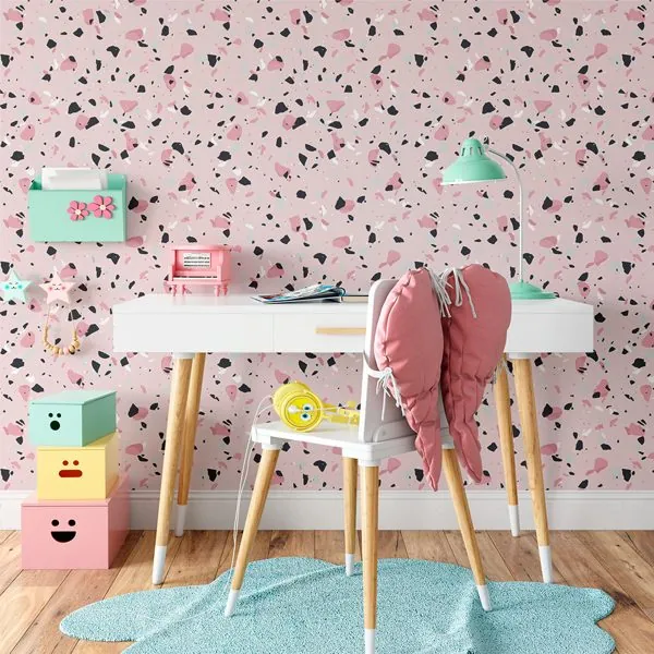 Terrazzo Rosa — ambiente com o papel de parede aplicado