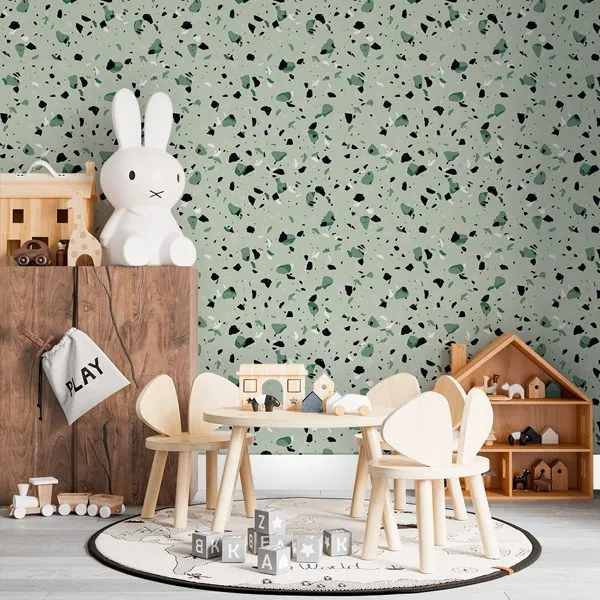 Terrazzo Verde — ambiente com o papel de parede aplicado