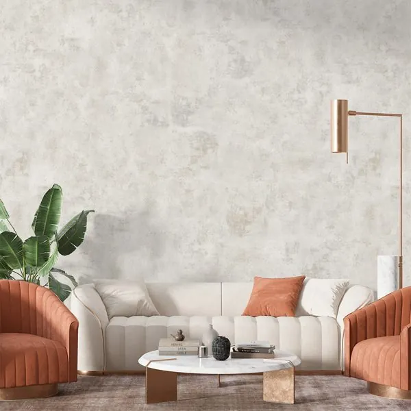 Textura Desgastada Off White — ambiente com o papel de parede aplicado