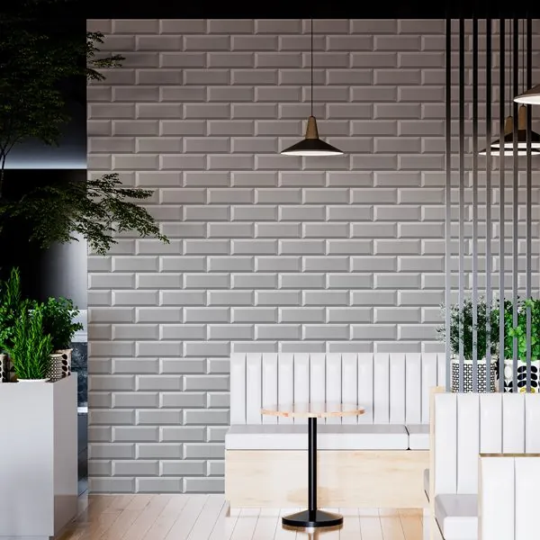 Tijolinho 3D Cinza — ambiente com o papel de parede aplicado