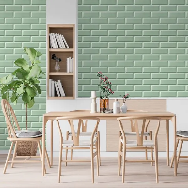 Tijolinho 3D Verde — ambiente com o papel de parede aplicado