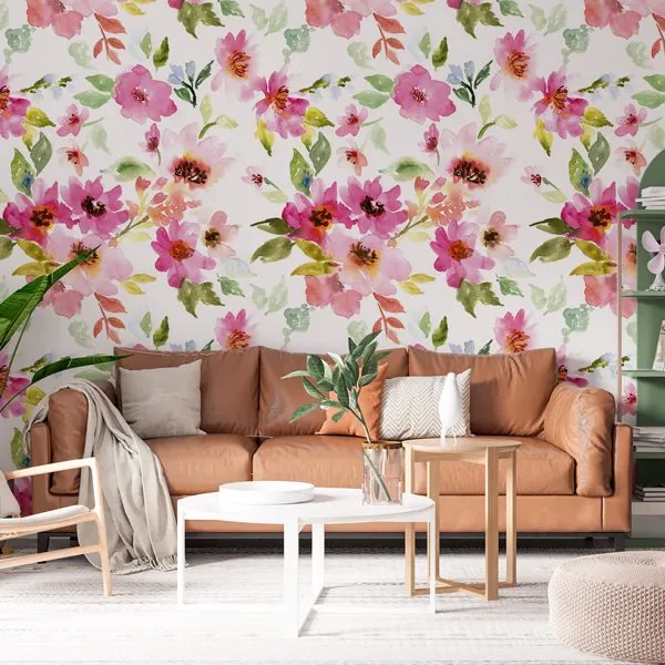 Watercolor Floral Rosa — ambiente com o papel de parede aplicado