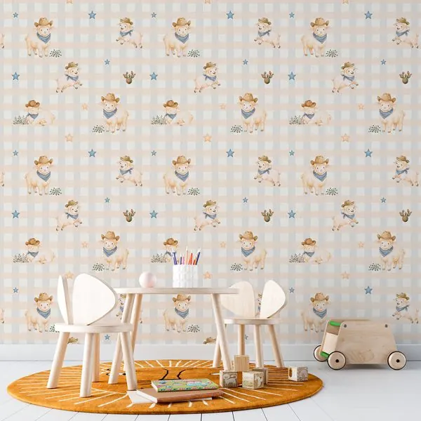 Xadrez Aquarela Carneirinhos — ambiente com o papel de parede aplicado