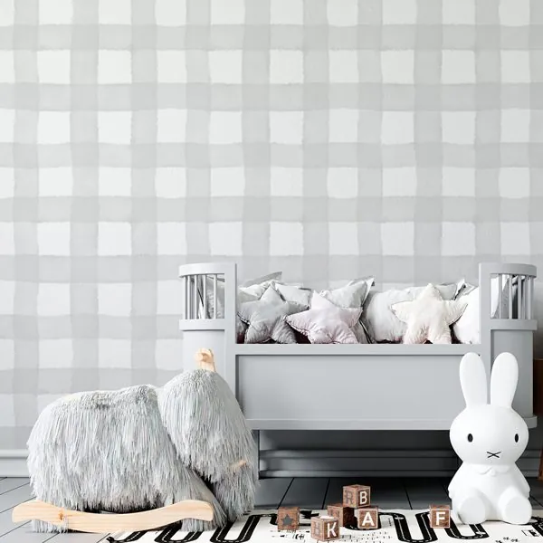 Xadrez Aquarela Standard Cinza — ambiente com o papel de parede aplicado