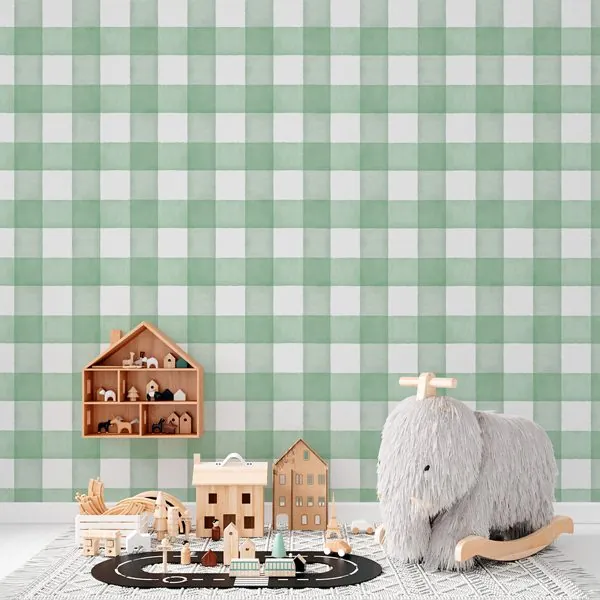 Xadrez Estonado Soft Verde — ambiente com o papel de parede aplicado