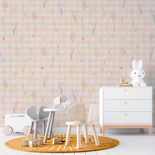 Xadrez Floral Laranja — ambiente com o papel de parede aplicado