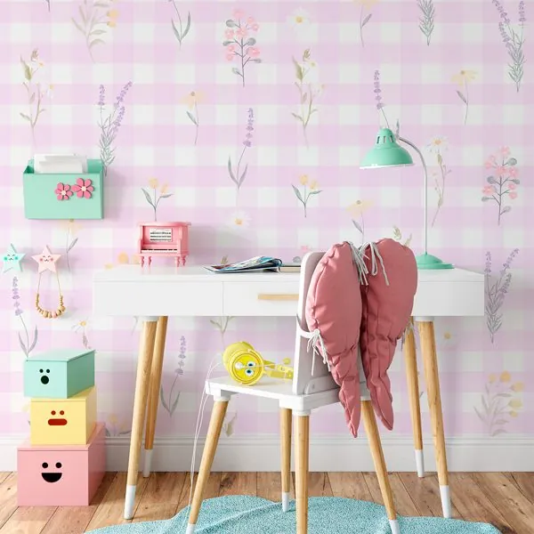 Xadrez Floral Lilás — ambiente com o papel de parede aplicado