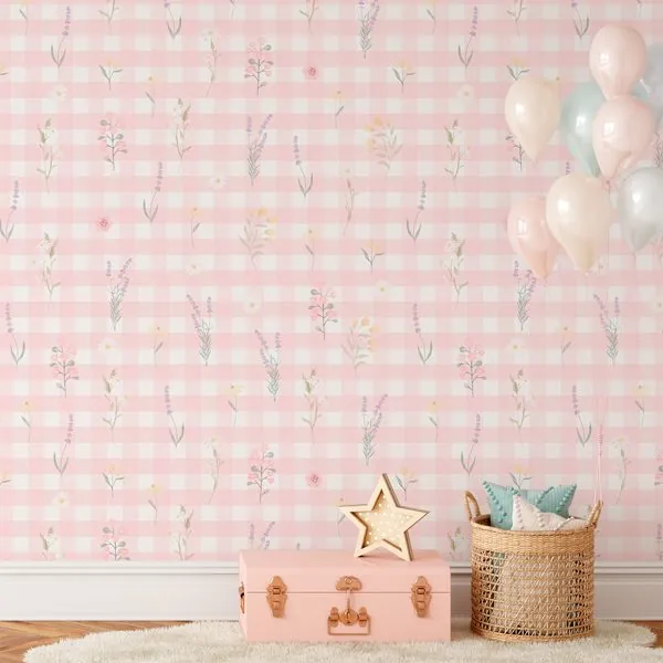 Xadrez Floral Rosa — ambiente com o papel de parede aplicado