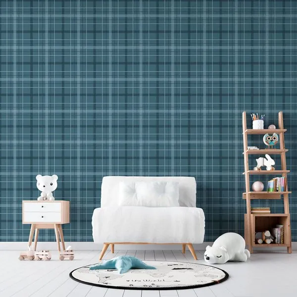Xadrez Jeans Azul — ambiente com o papel de parede aplicado