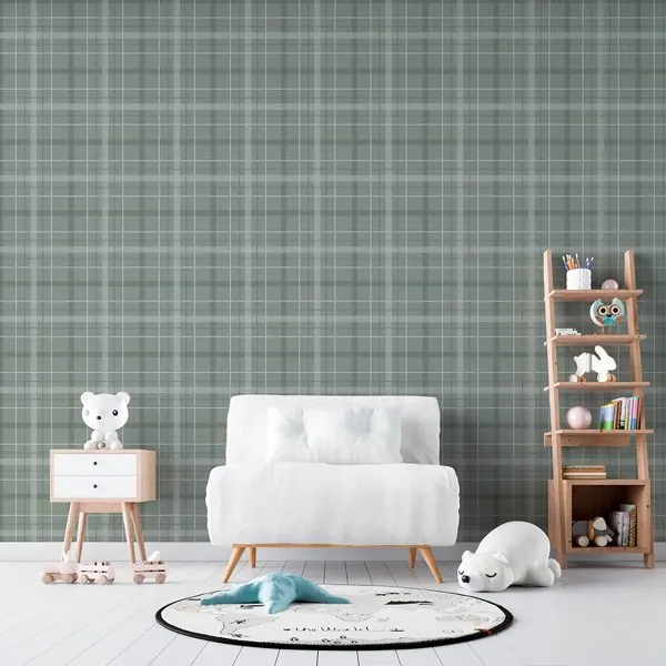 Xadrez Jeans Verde — ambiente com o papel de parede aplicado