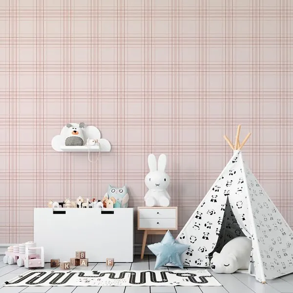 Xadrez Névoa Rosé — ambiente com o papel de parede aplicado