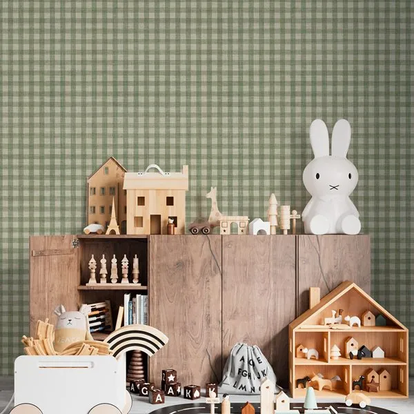 Xadrez Tricot Sálvia — ambiente com o papel de parede aplicado